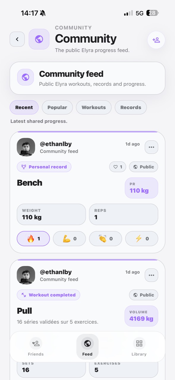 Preview of the Elyra community feed with posts, records, and reactions.