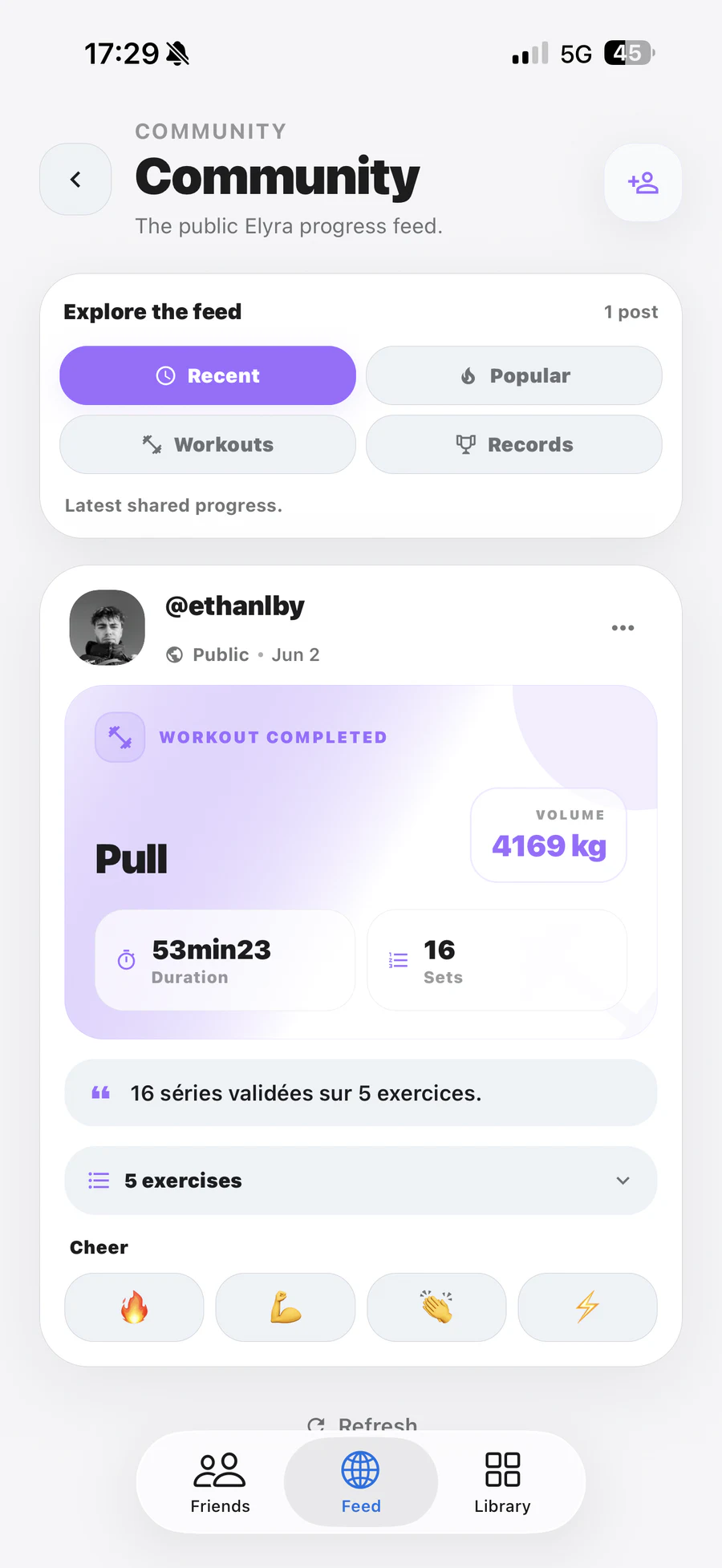 Preview of the Elyra community feed with posts, records, and reactions.